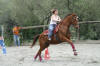 Une jolie cavalière exterieure sur son grand cheval alezan font l'épreuve de pole bending.